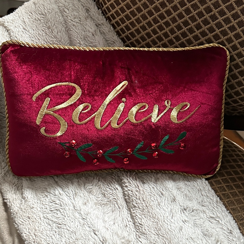 Elegant Burgundy 'Believe' Holiday Pillow